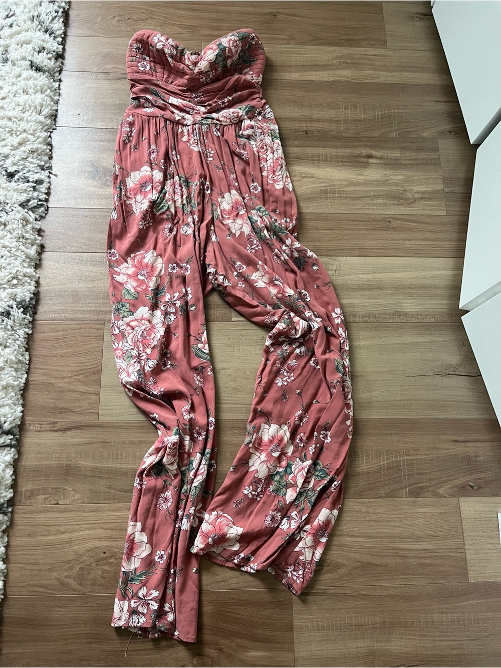 Band of Gypsies Strapless Floral Wide-Leg Jumpsuit in Dusty Rose